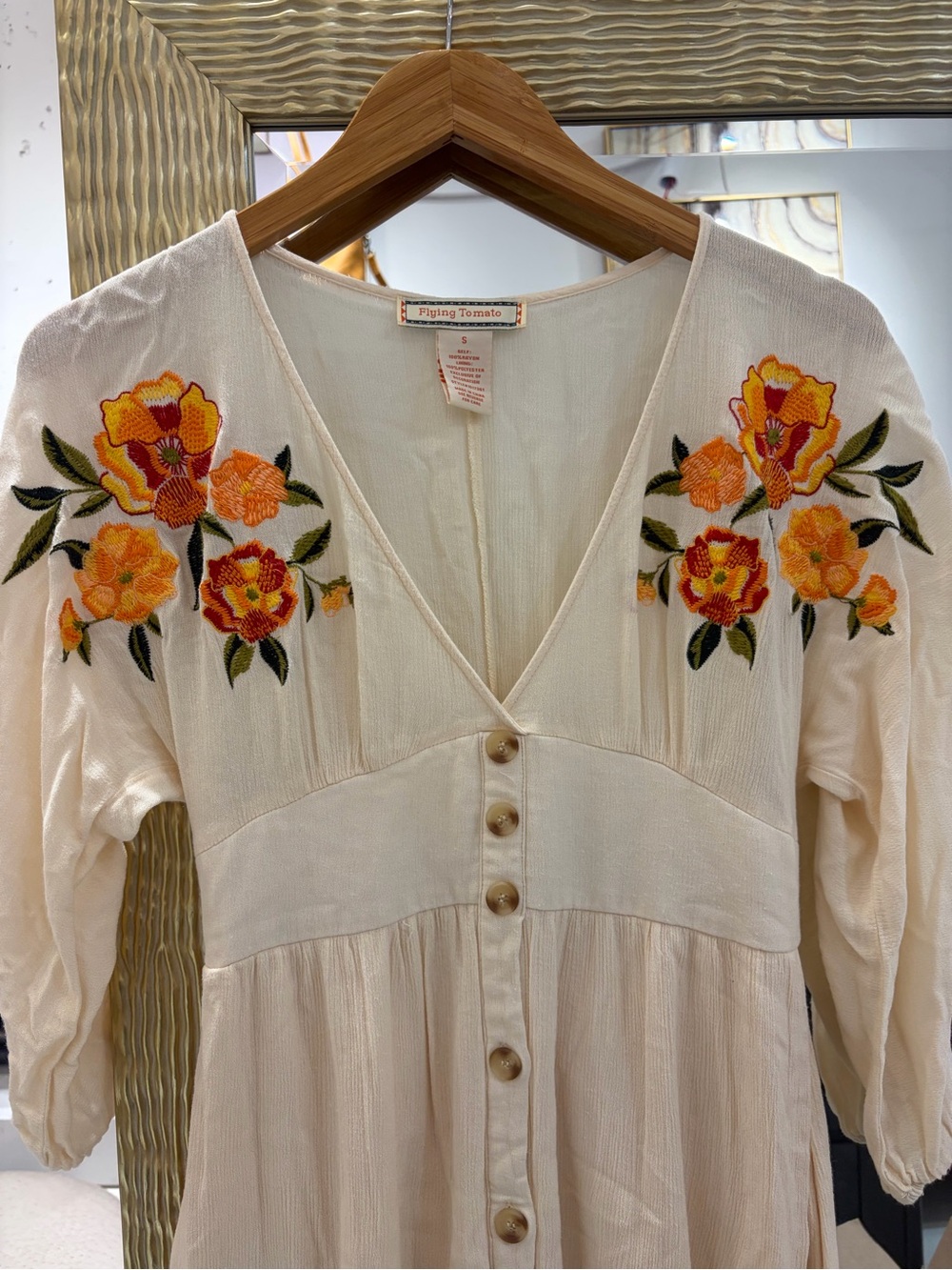 Flying Tomato Cream V-Neck Button Front Dress with Orange Floral Embroidery